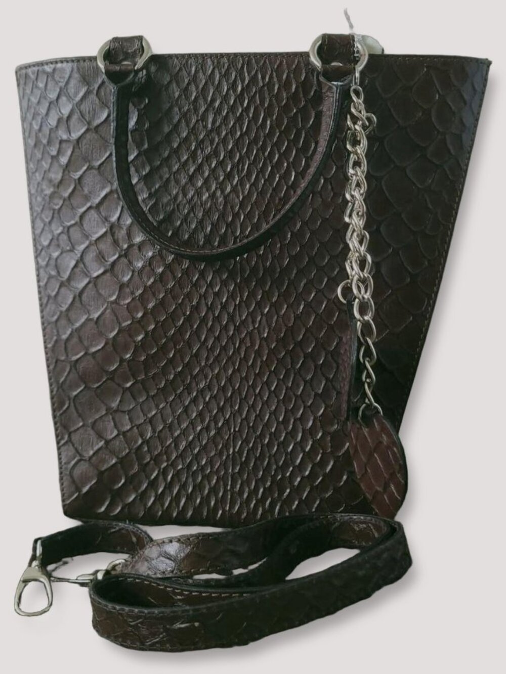 Borse In Pelle Italian Genuine Leather Python Brown Tote Bag Handbag Heart Charm